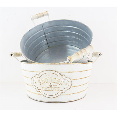 PORTAVASO VASO VASI COVER GARDEN METALLO BIANCO ANTICO CON MANICI TONDO CM 24, 5 H 11 / 13,5